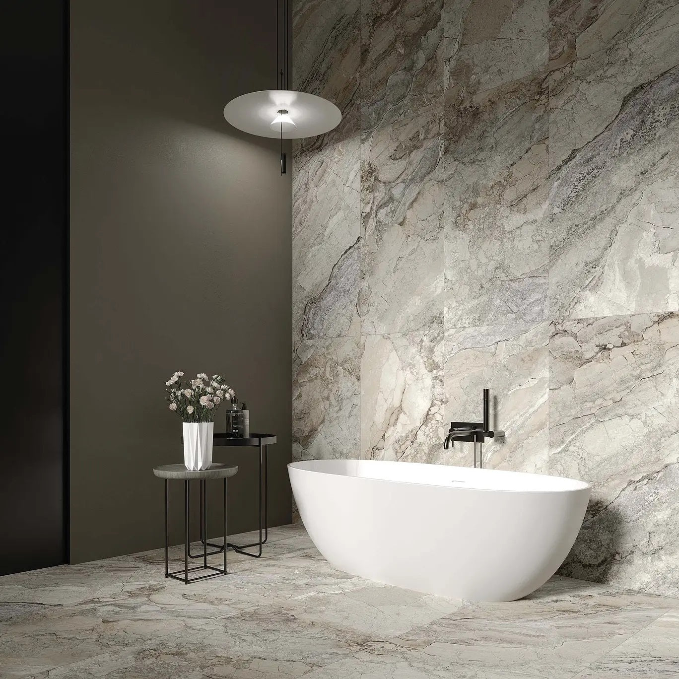 Illusion grey and beige stone look matte porcelain tile for floor and wall made in Italy. Installed in washroom.