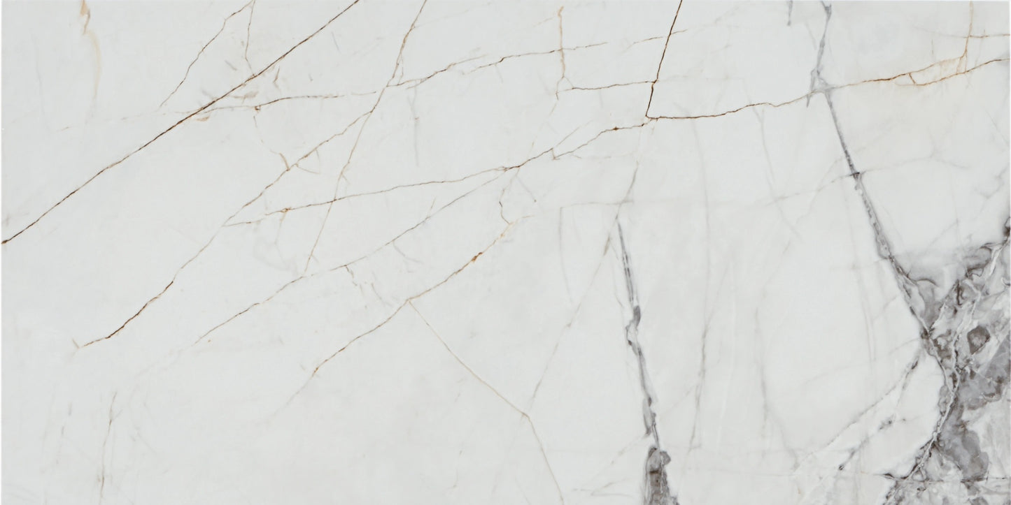Invisible White glossy porcelain tile with a marble design, for floors and walls. Made in Spain, in a 24x48" size.