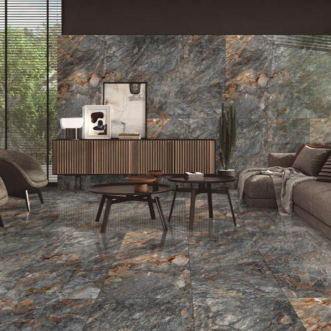 Ira Grey polished porcelain tile with a grey and brown stone design, for floors and walls. Installed in a room.