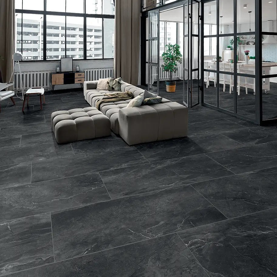 Iroc Black stone look matte porcelain tile for floor and wall made in Italy. Installed in room.