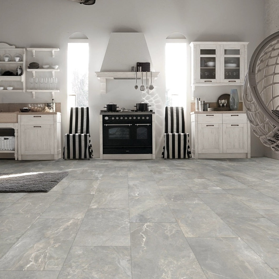 Iroc Greige stone look matte porcelain tile for floor and wall made in Italy. Installed in room.