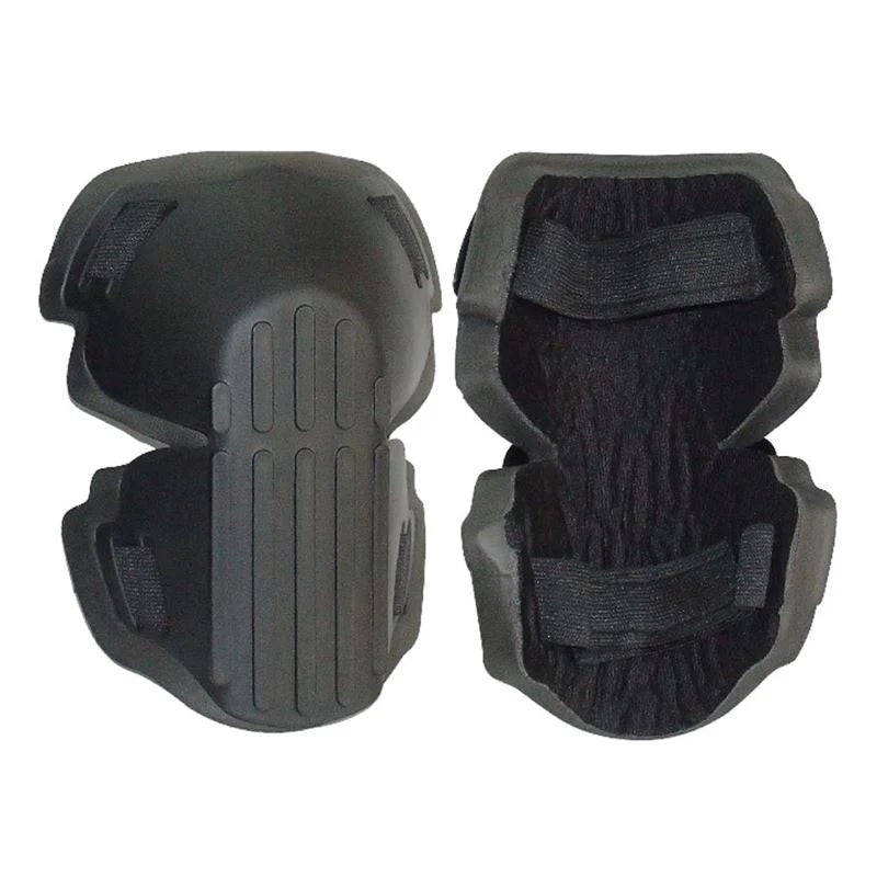 Pair of interior foam and exterior hard rubber black kneepads with straps.