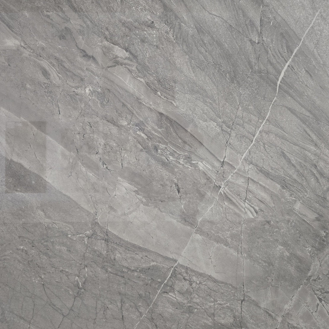 Lazio Grey polished porcelain tile with a stone design, for floors and walls. In a 32x32" size.