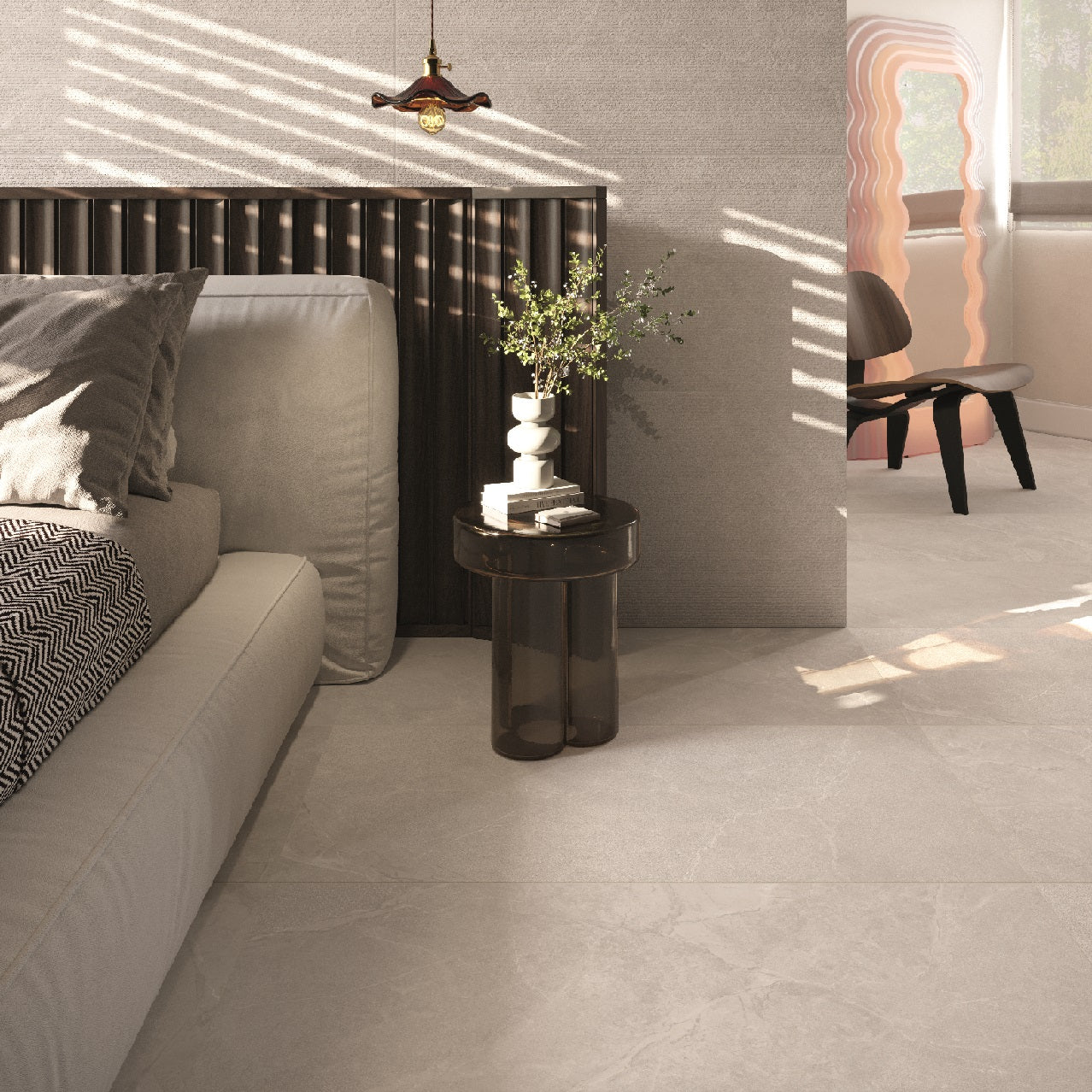 Legacy Stone Perla matte porcelain tile with a stone design, for floors and walls. Made in Italy, installed in a room.