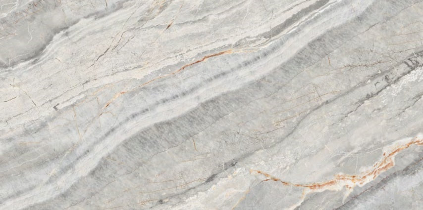 Livon Natural polished porcelain tile with a grey and gold marble/stone design, for floors and walls. In a 24x48" size.
