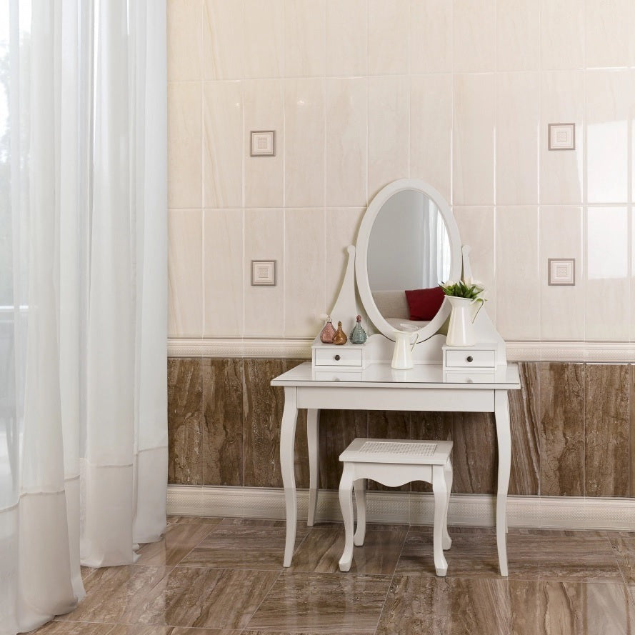 Lucio Marengo glossy ceramic tile with a brown design, for floors and walls. Made in Spain, installed in a room.