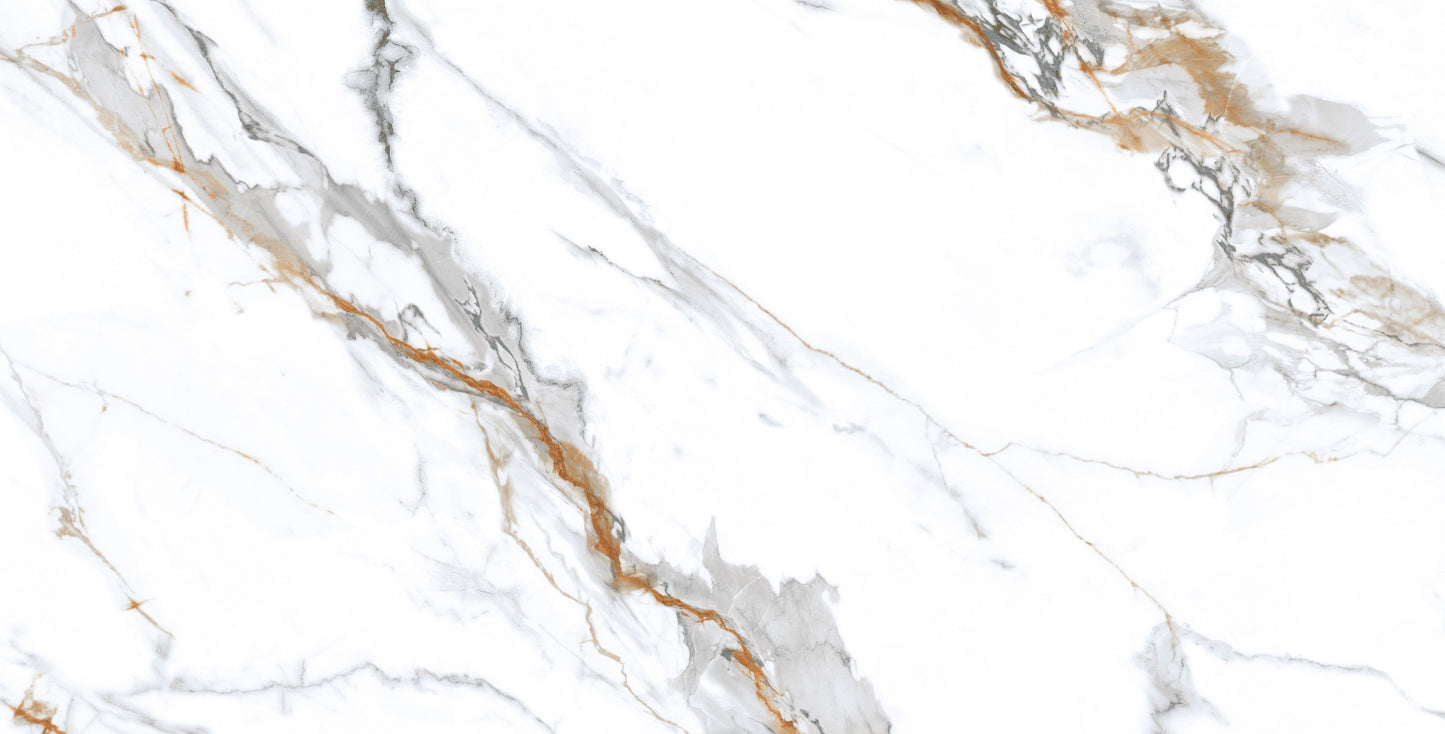 Majestic polished porcelain tile with a white, brown, and grey marble design, for floors and walls. In a 24x48" size.