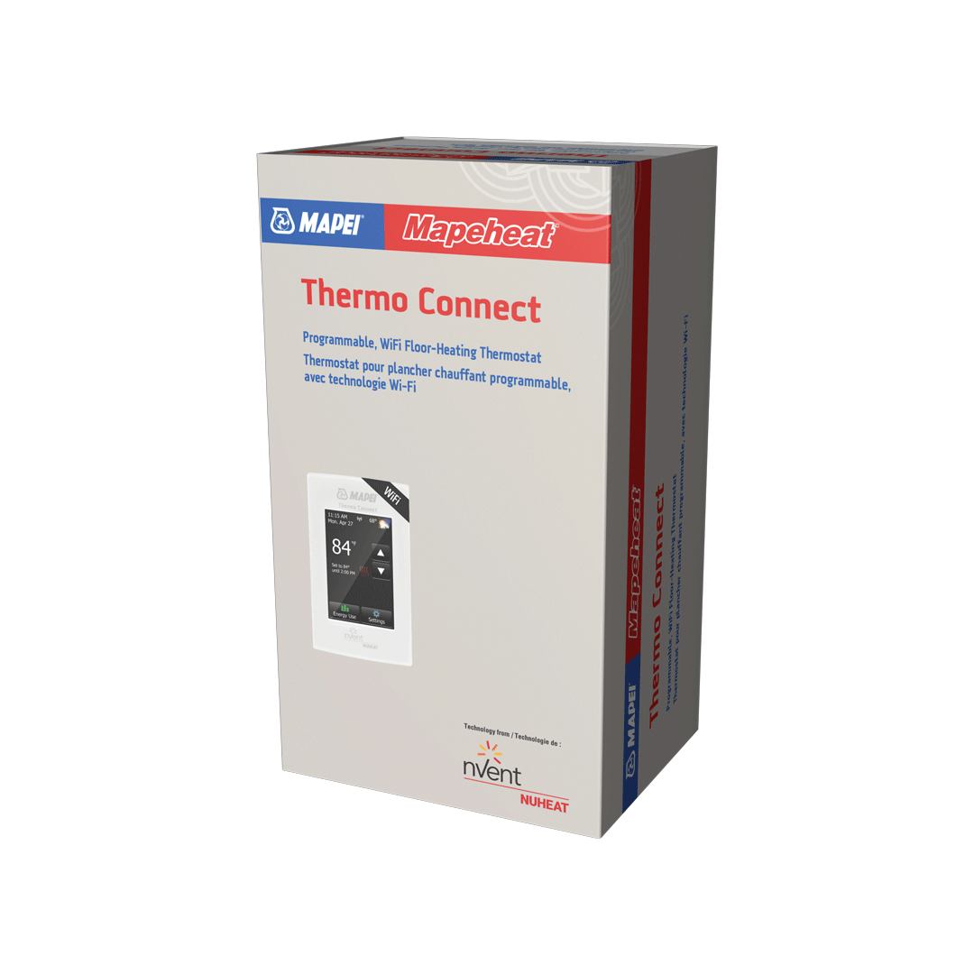 Mapei Mapeheat Thermo Connect wi-fi programmable thermostat for use with heated floors, in a box.