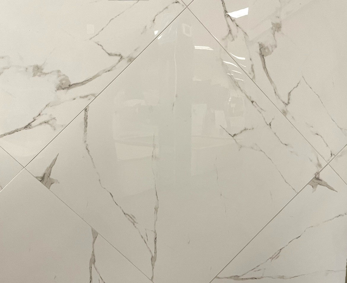 Marmo Elisabetta polished porcelain tile with a white marble style for floors and walls. In a 24x24" size.