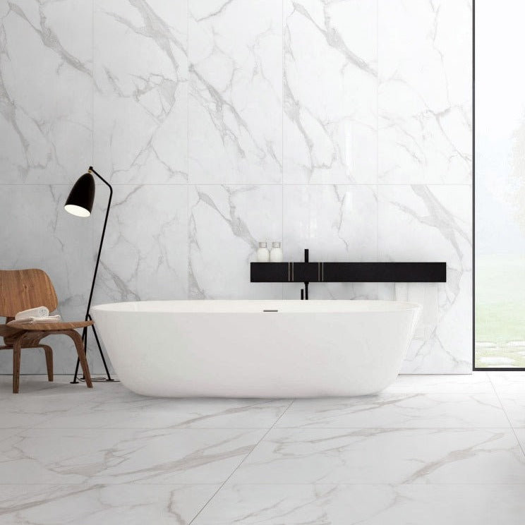 Marmo Gentilezza polished/matte porcelain tile in a soft white marble style. Installed in a bathroom.