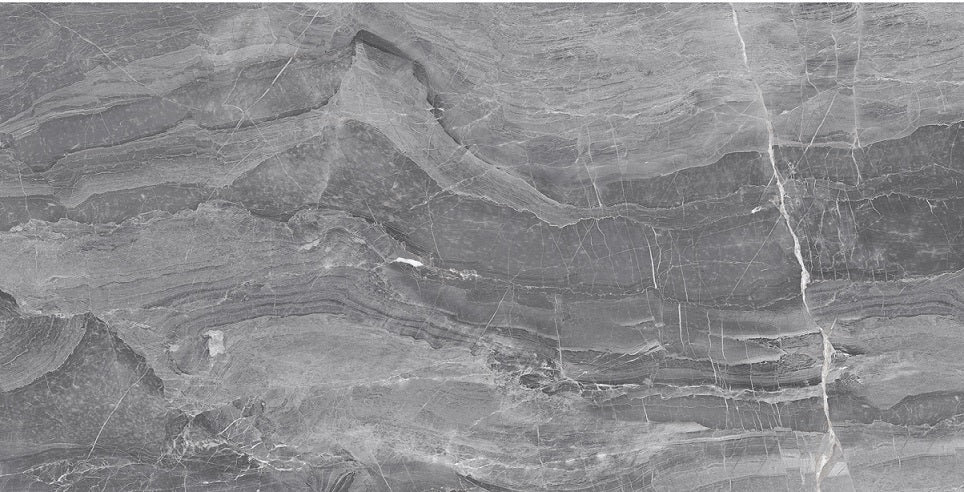 Marmo Pietoso polished porcelain tile with a grey travertine design, for floors and walls. In a 24x48" size.