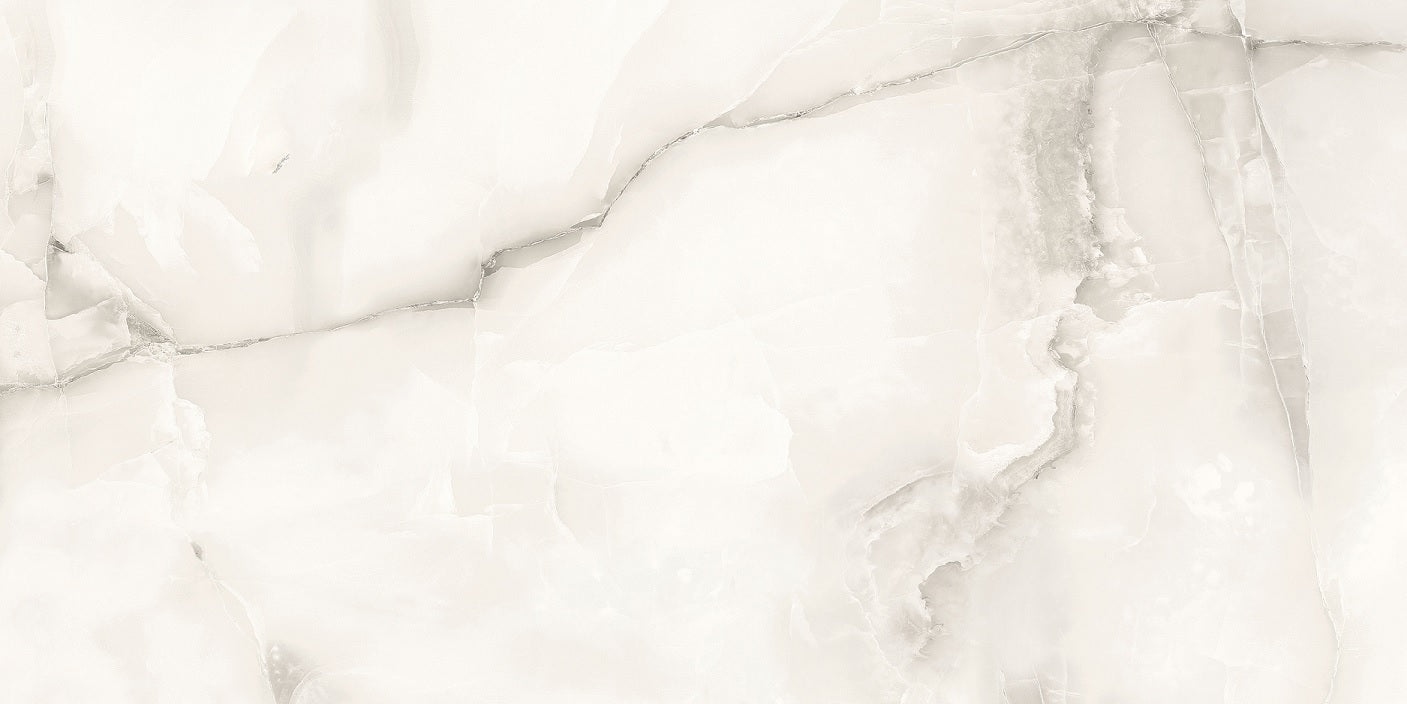 Marmo Umile polished porcelain tile in an off-white/beige onyx style, for floors and walls. In a 24x48" size.