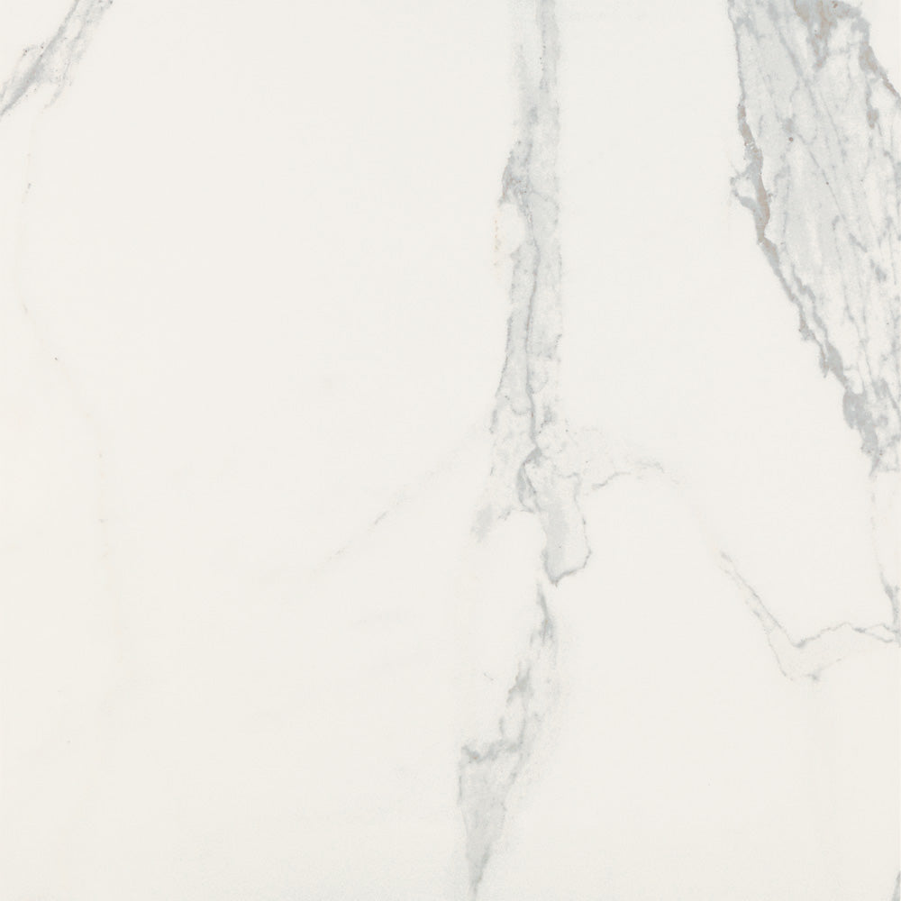 Palatina Blanco glossy porcelain tile with a white marble design, for floors and walls. Made in Spain, in a 24x24" size.