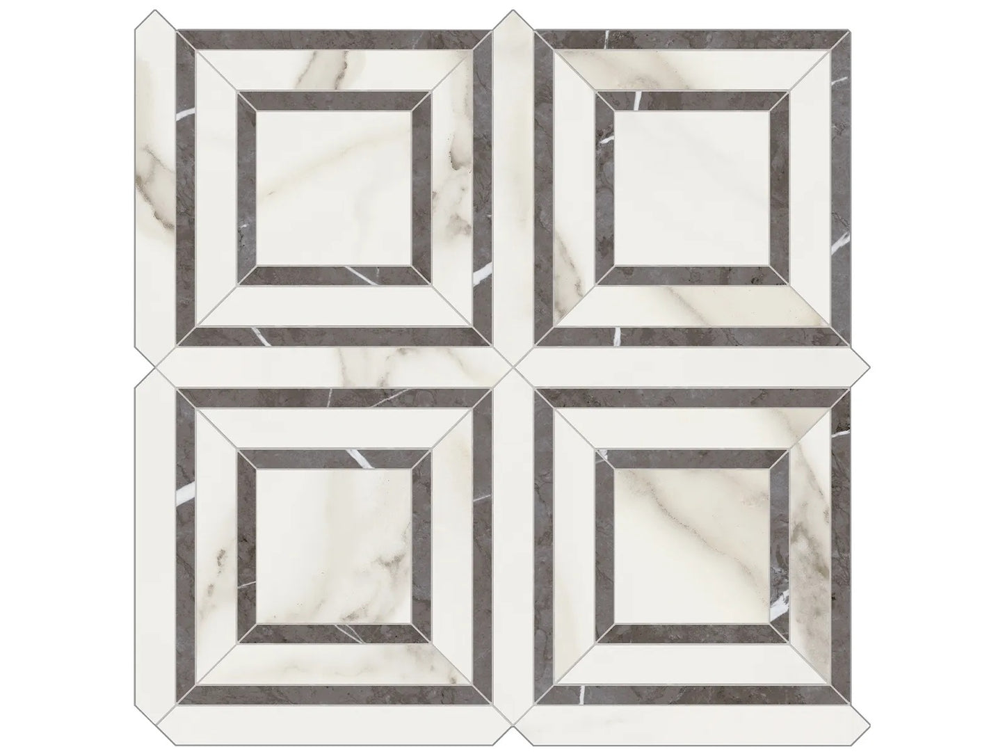Mayfair Calacatta Oro porcelain tile with a white and gold marble style, for floors and walls. In a piazza mosaic.