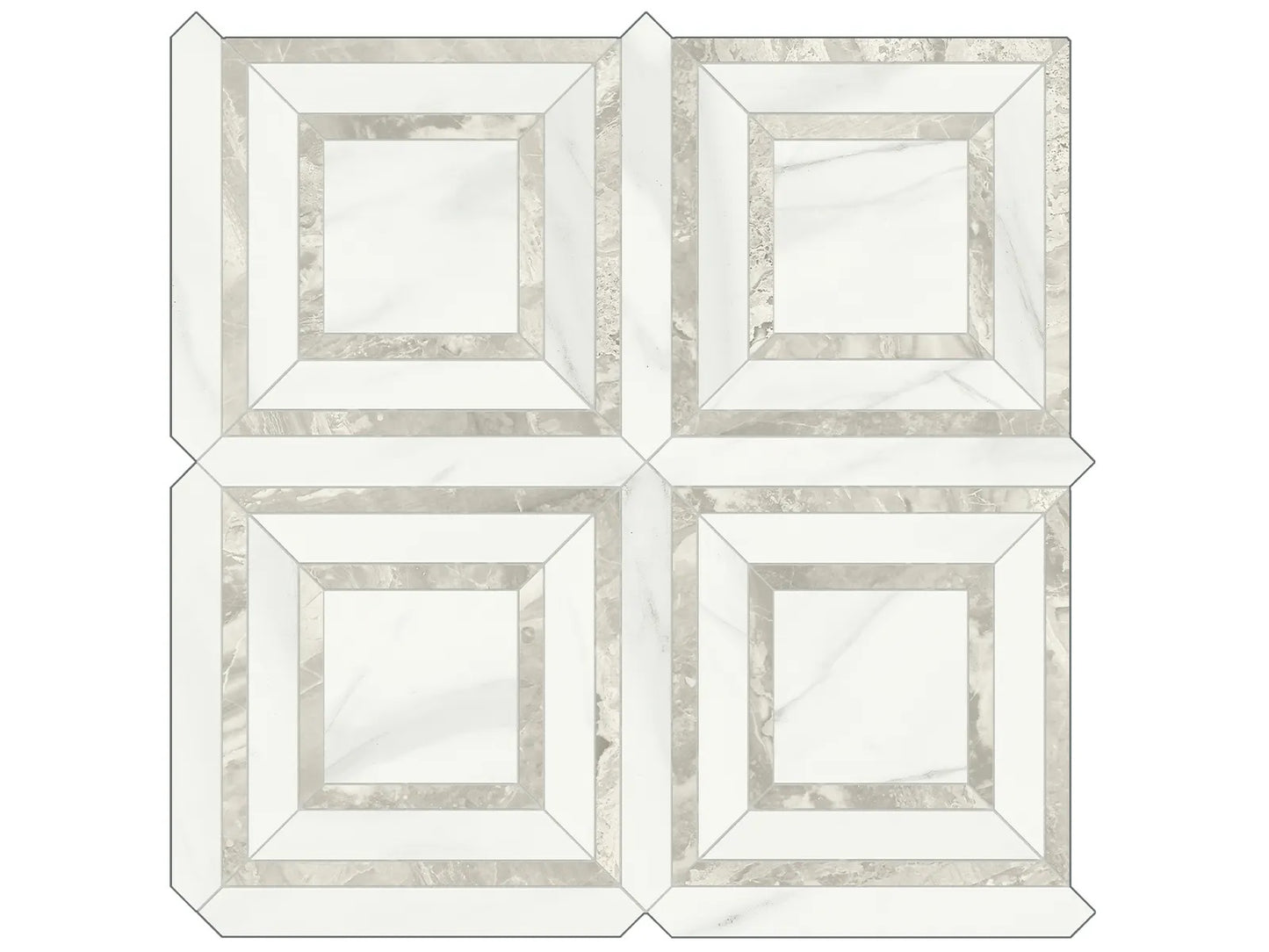 Mayfair Volakas Grigio porcelain tile with a white and grey marble style, for floors and walls. In a piazza mosaic.