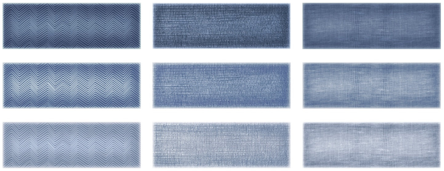 Mediterraneo Azul contemporary style glossy blue ceramic subway tile with varying designs, for walls. In a 3x12" size.