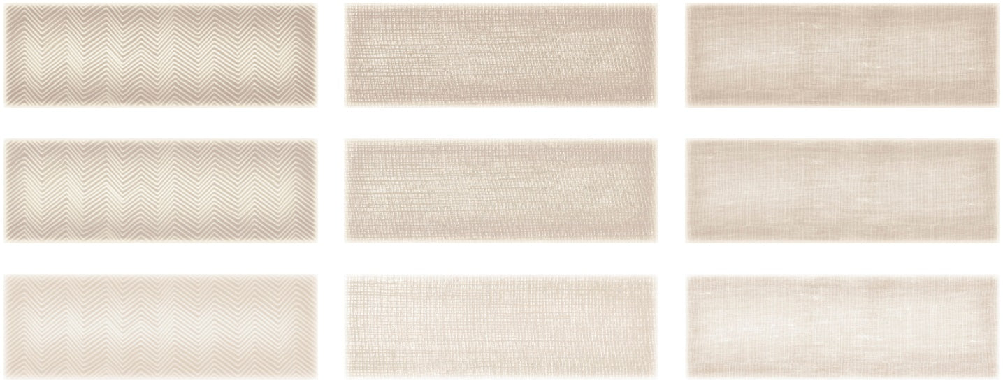 Mediterraneo Beige contemporary style glossy ceramic subway tile with varying designs, for walls. In a 3x12" size.