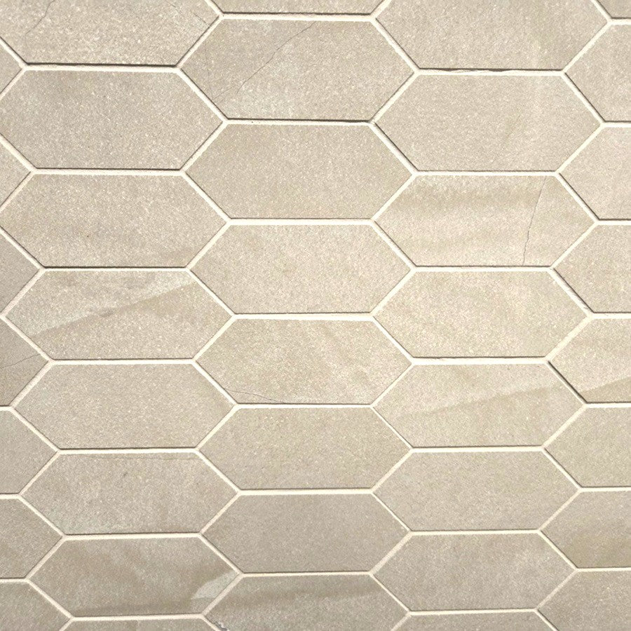 Moondust Sierra polished porcelain mosaic with a beige marble style, for floors and walls. In an elongated hexagon size.