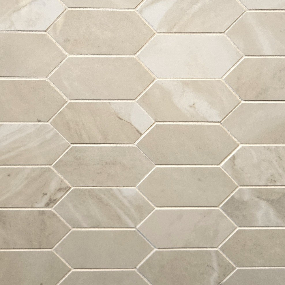 Morocco Fawn Beige porcelain mosaic with a beige marble style, for floors and walls. In an elongated hexagon shape.