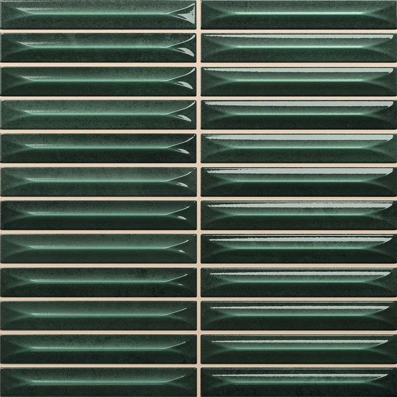 Nairobi Green artisan style glossy ceramic subway tile with 0.6x4" arrow carvings. Made in Spain, in a 8x8" size.