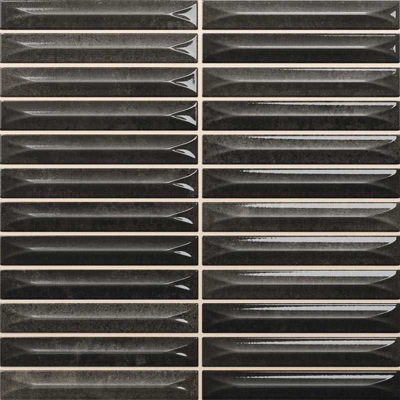 Nairobi Slate artisan style glossy ceramic subway tile with 0.6x4" arrow carvings. Made in Spain, in a 8x8" size.