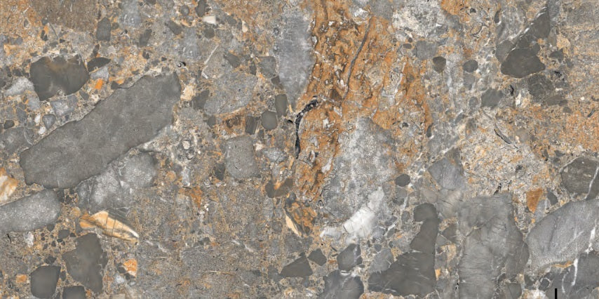 Natural Granite polished porcelain tile with a grey and brown stone design, for floors and walls. In a 24x48" size.