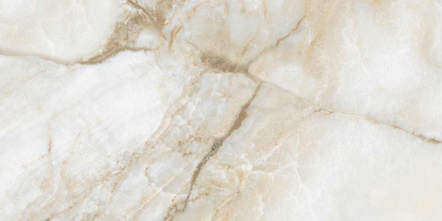 Onice Gold porcelain tile with a gold onyx design, for floors and walls. Made in Spain, in a 24x48" size.