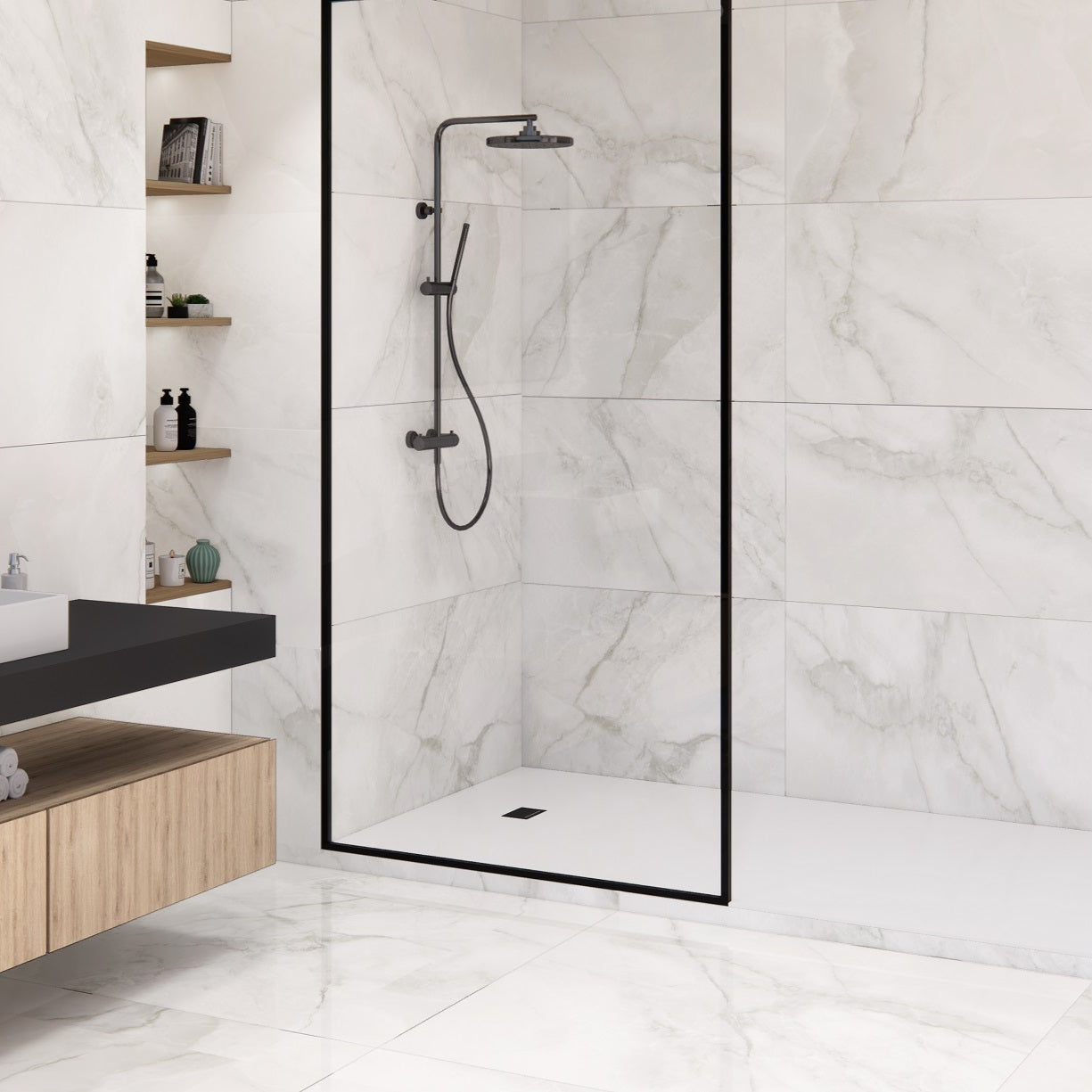 Onice Pearl porcelain tile with a silver onyx design, for floors and walls. Made in Spain, installed in a bathroom.