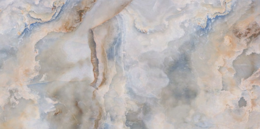 Onyx Original polished porcelain tile with a blue onyx design, for floors and walls. In a 24x48" size.