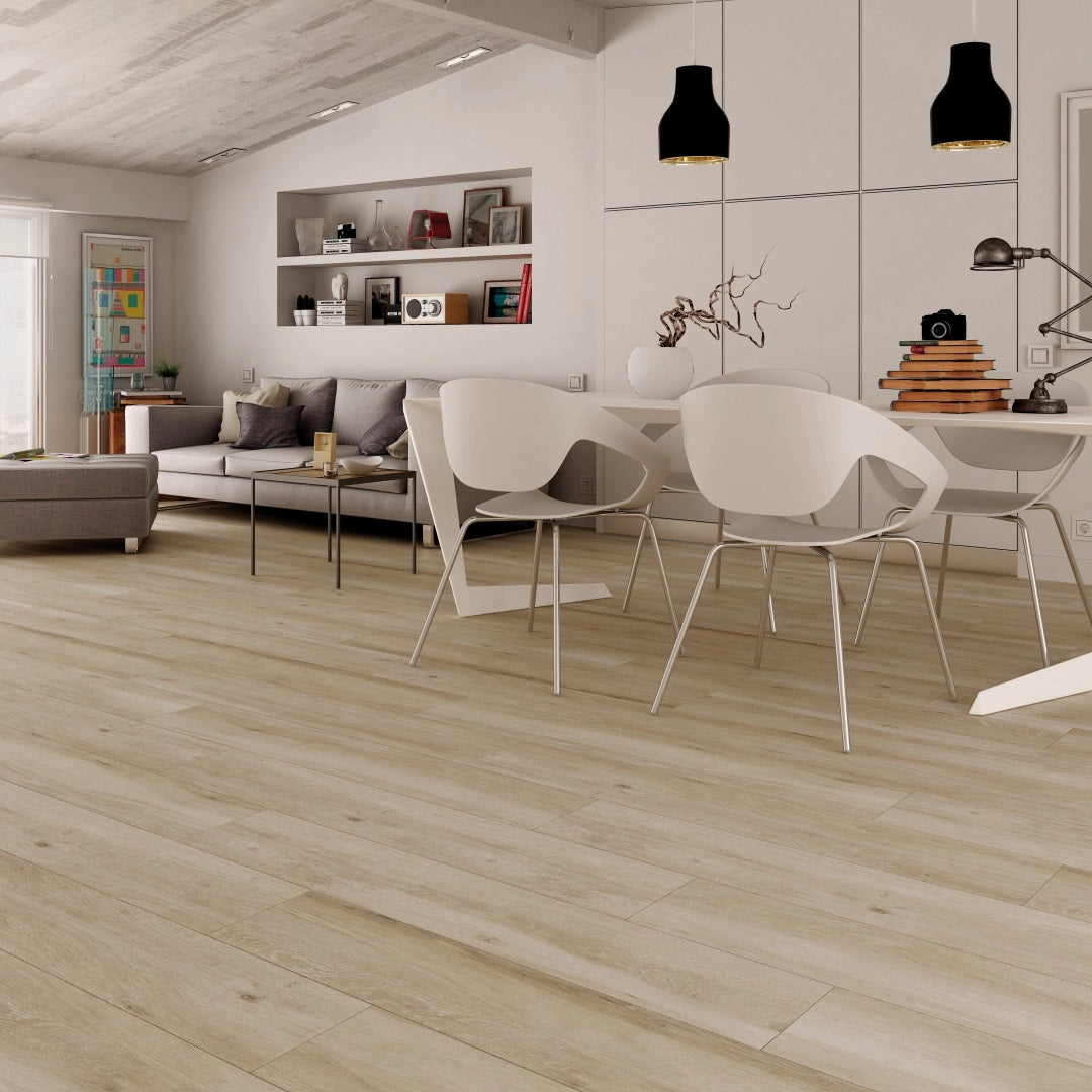 Pecan Beige matte porcelain tile with a wood design, for floors and walls. Made in Spain, installed in a room.