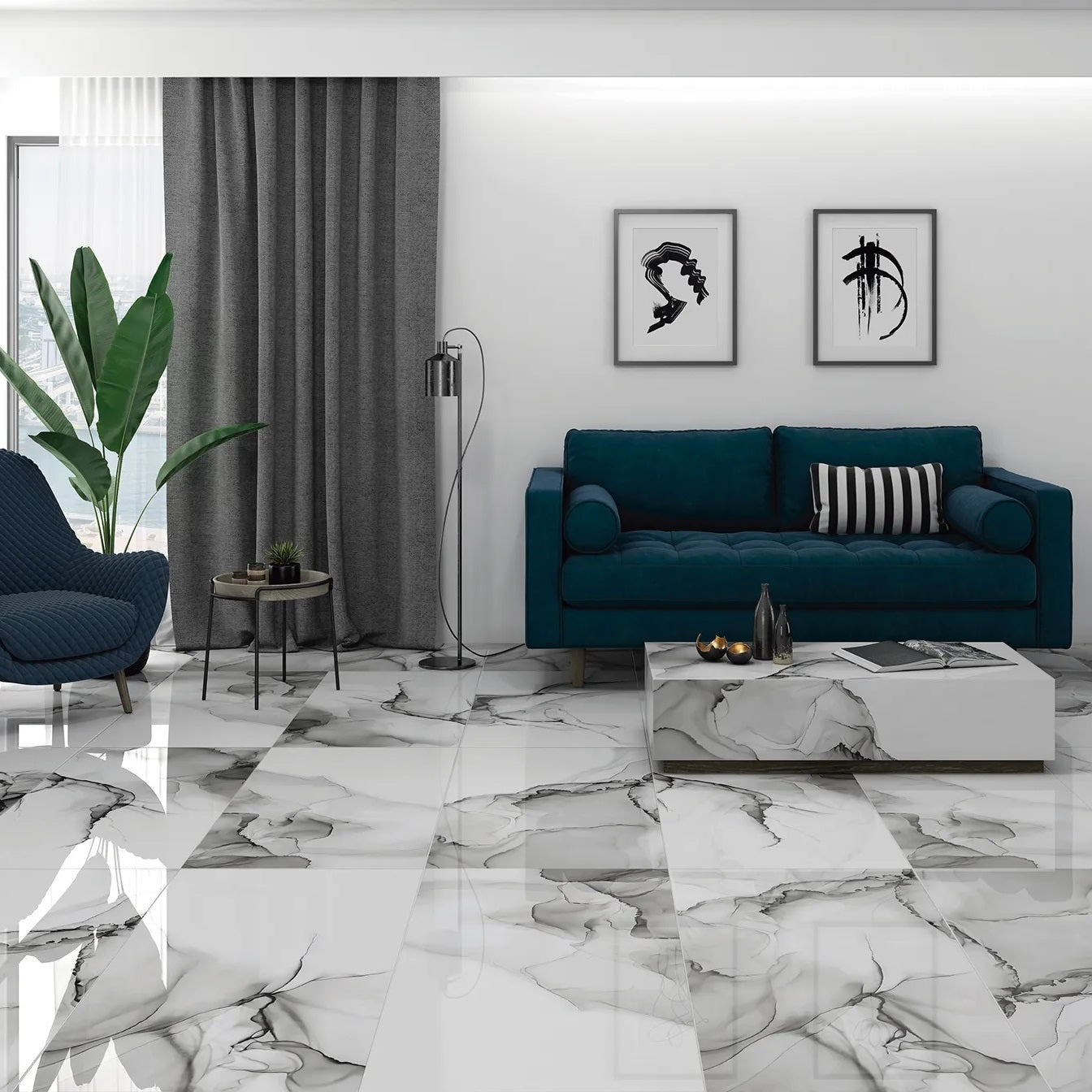 Polaris polished porcelain tile with a 3D white and black marble design, for floors and walls. Installed in a room.