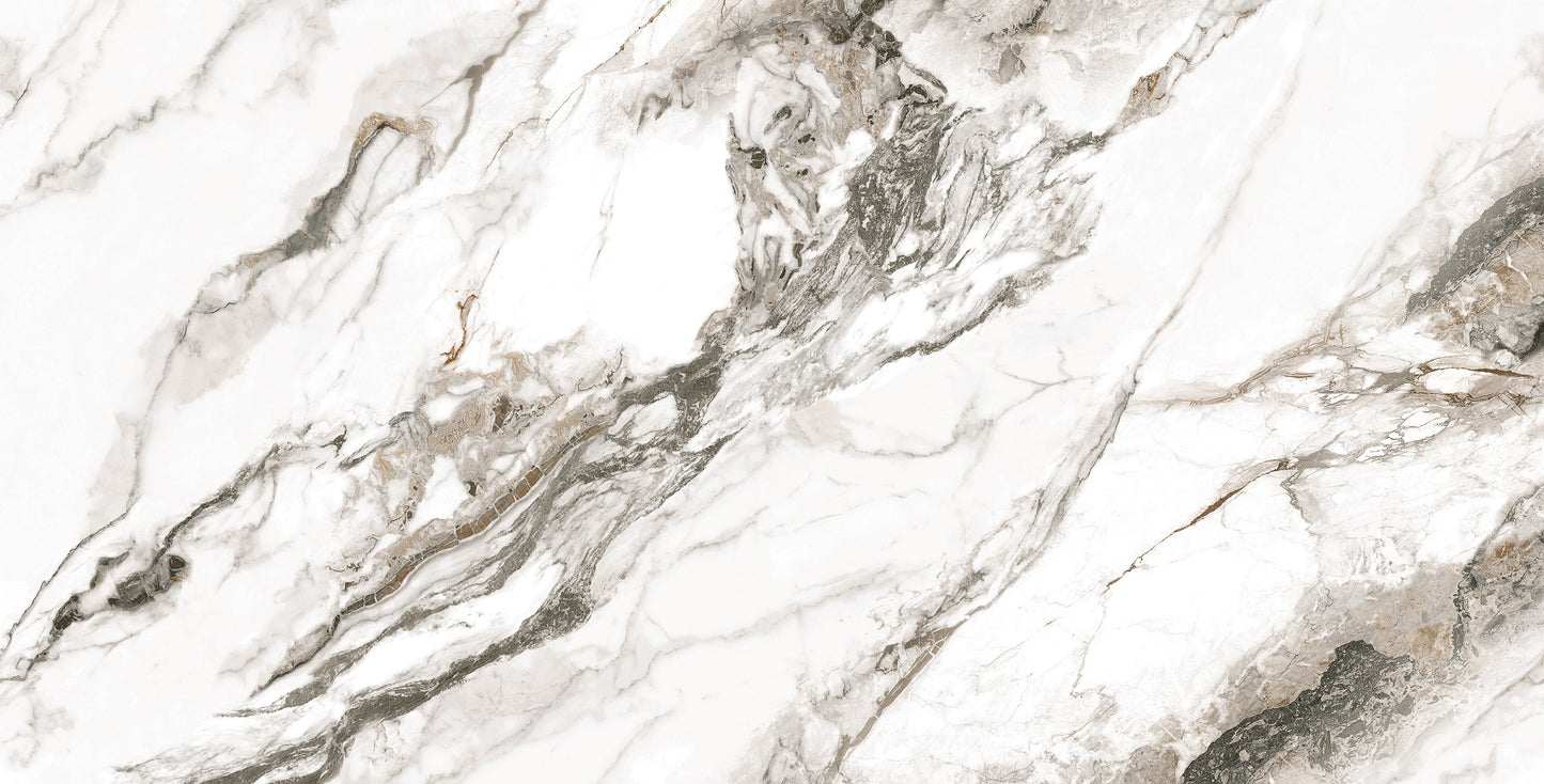 Prestigious polished porcelain tile with a white, gold, and grey marble design, for floors and walls. In a 24x48" size.