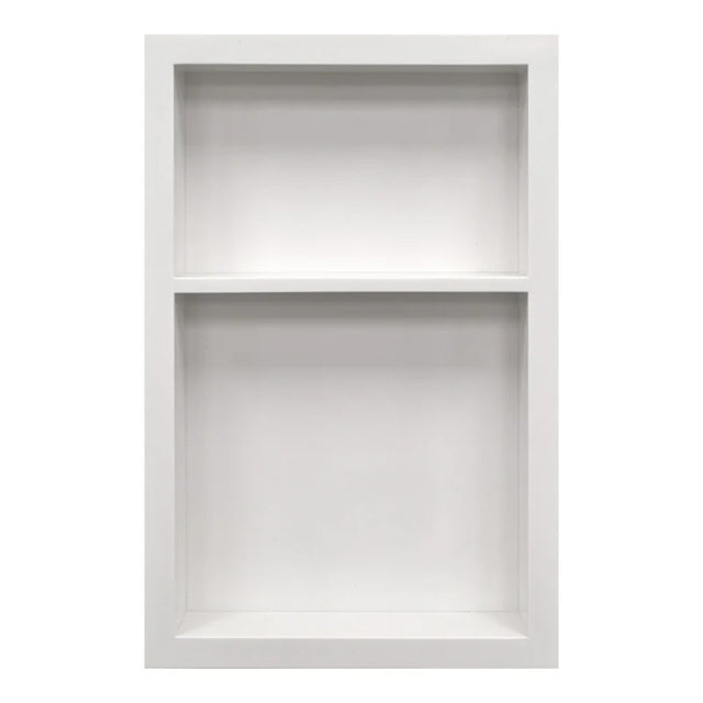 Pure White prebuilt quartz shower niche made of engineered stone that offers shower storage, with a shelf.