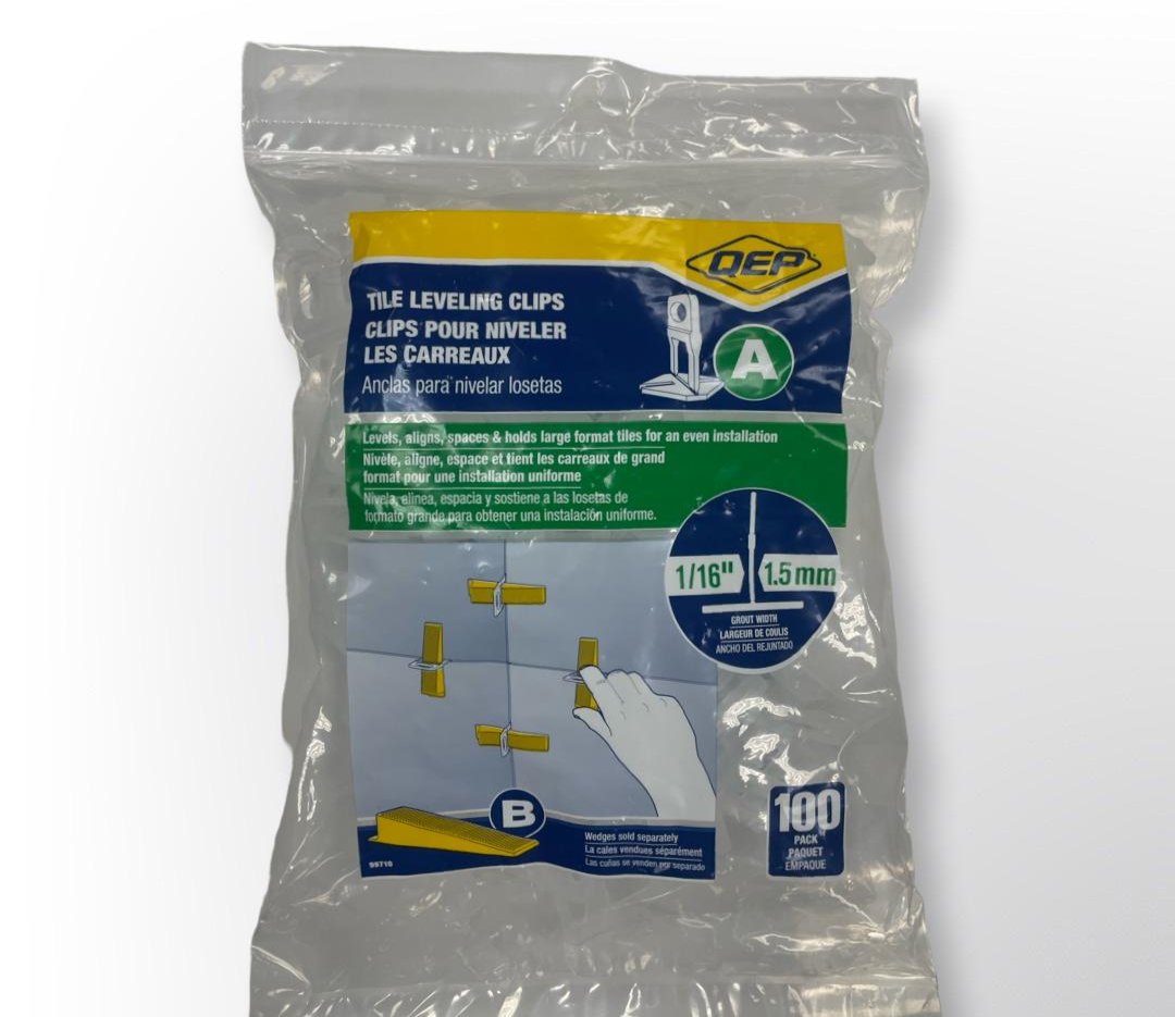 QEP tile leveling clips for a 1.5mm or 1/16" joint size between tiles, in a bag of 100 pieces.