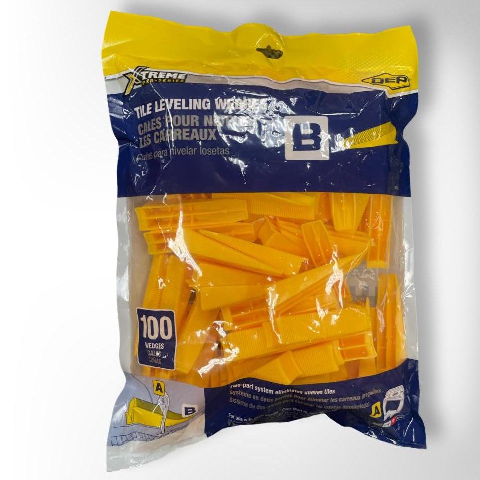 QEP orange tile leveling wedges in a bag of 100 pieces.