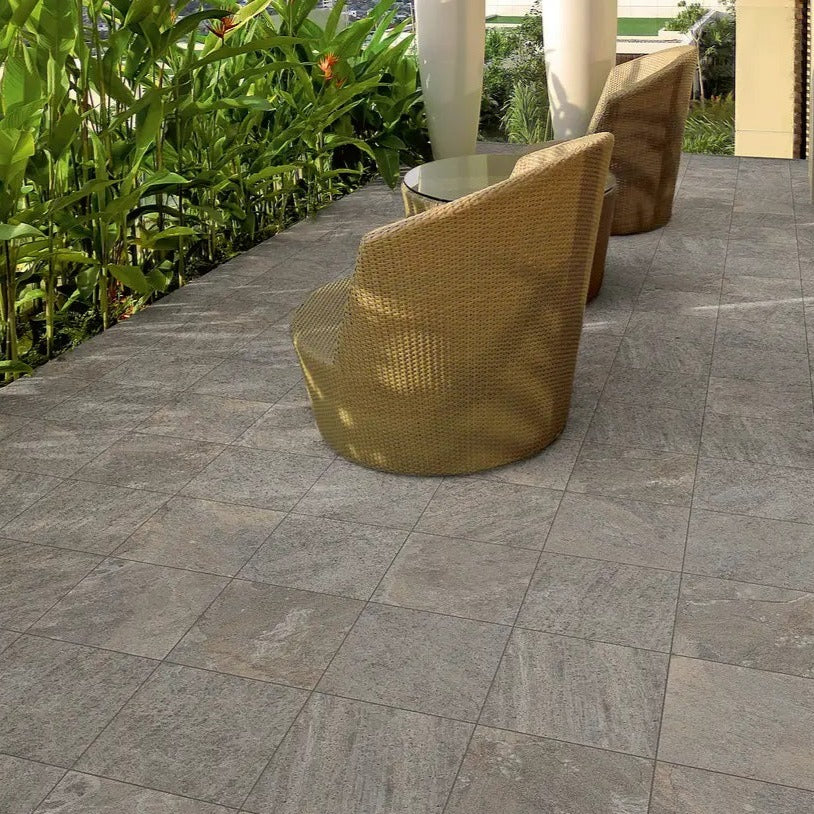 Rocking Grey matte porcelain tile with a stone design, for floors and walls. Made in Italy, installed outside.