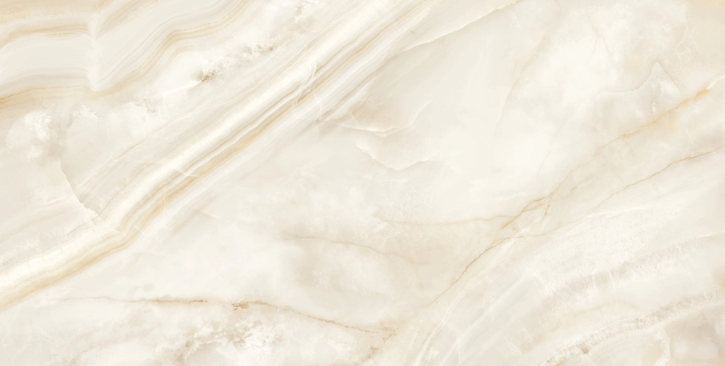 Rodas Light Beige polished porcelain tile with an onyx design, for floors and walls. Made in Spain, in a 24x48" size.