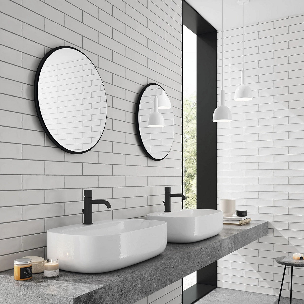 Rural Blanco artisan style glossy ceramic subway tile with non-flat edge and surface. Installed on a vanity backsplash.