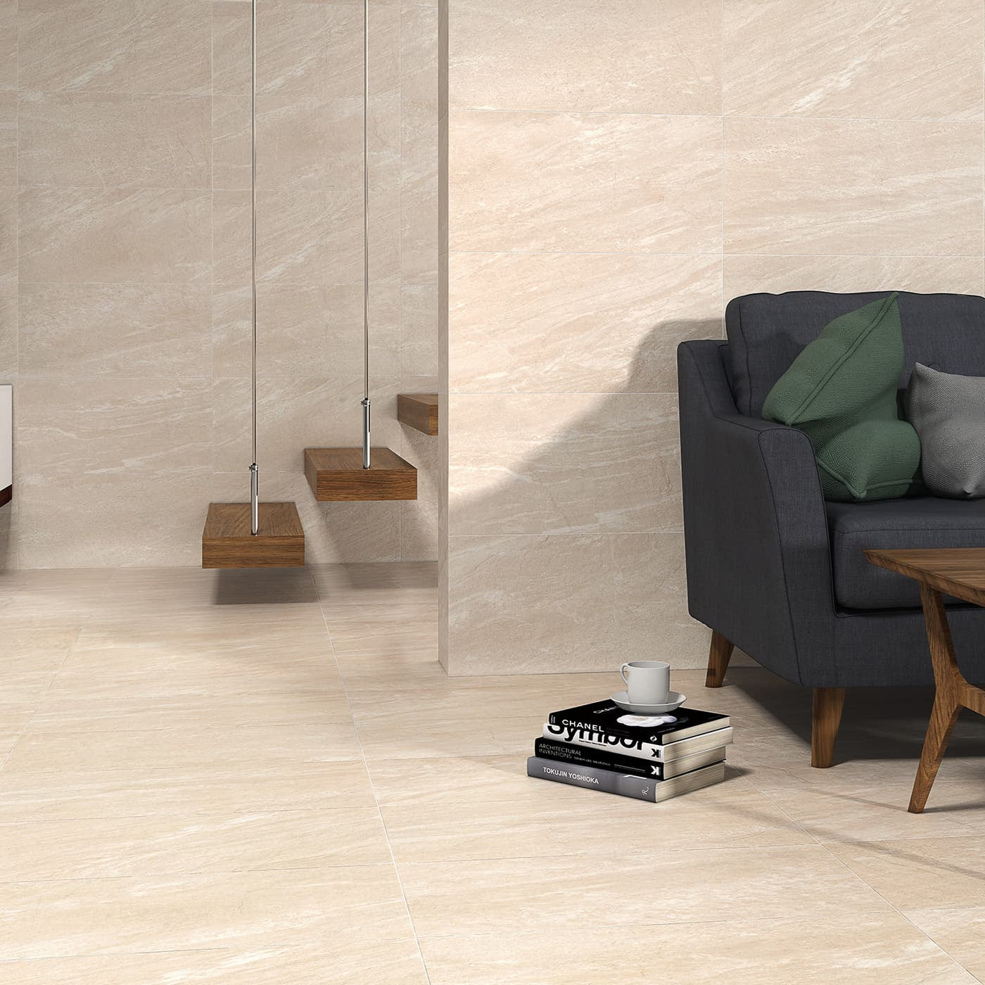 Safari Crema matte porcelain tile with a beige stone design, for floors and walls. Made in Spain, installed in a room.