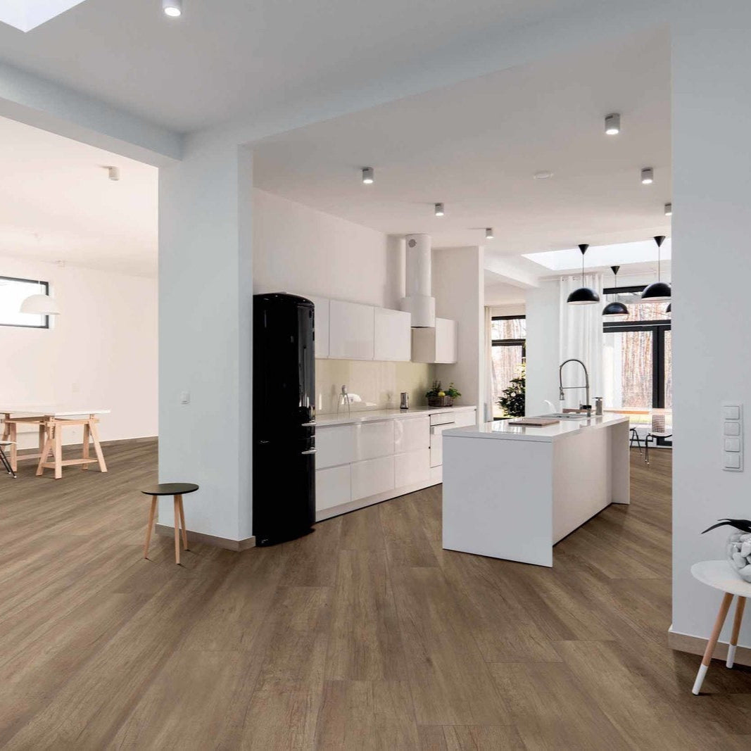 Sierra Beige wood look matte porcelain tile for floor and wall made in Italy. Installed in room.