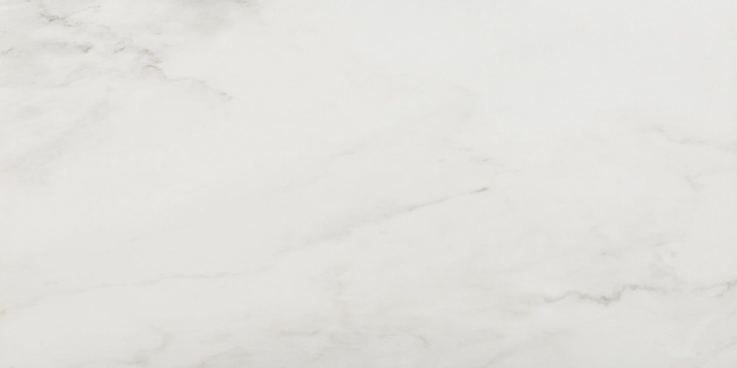 Snow polished porcelain tile with a white marble design, for floors and walls. Made in Spain, in a 12x24" size.
