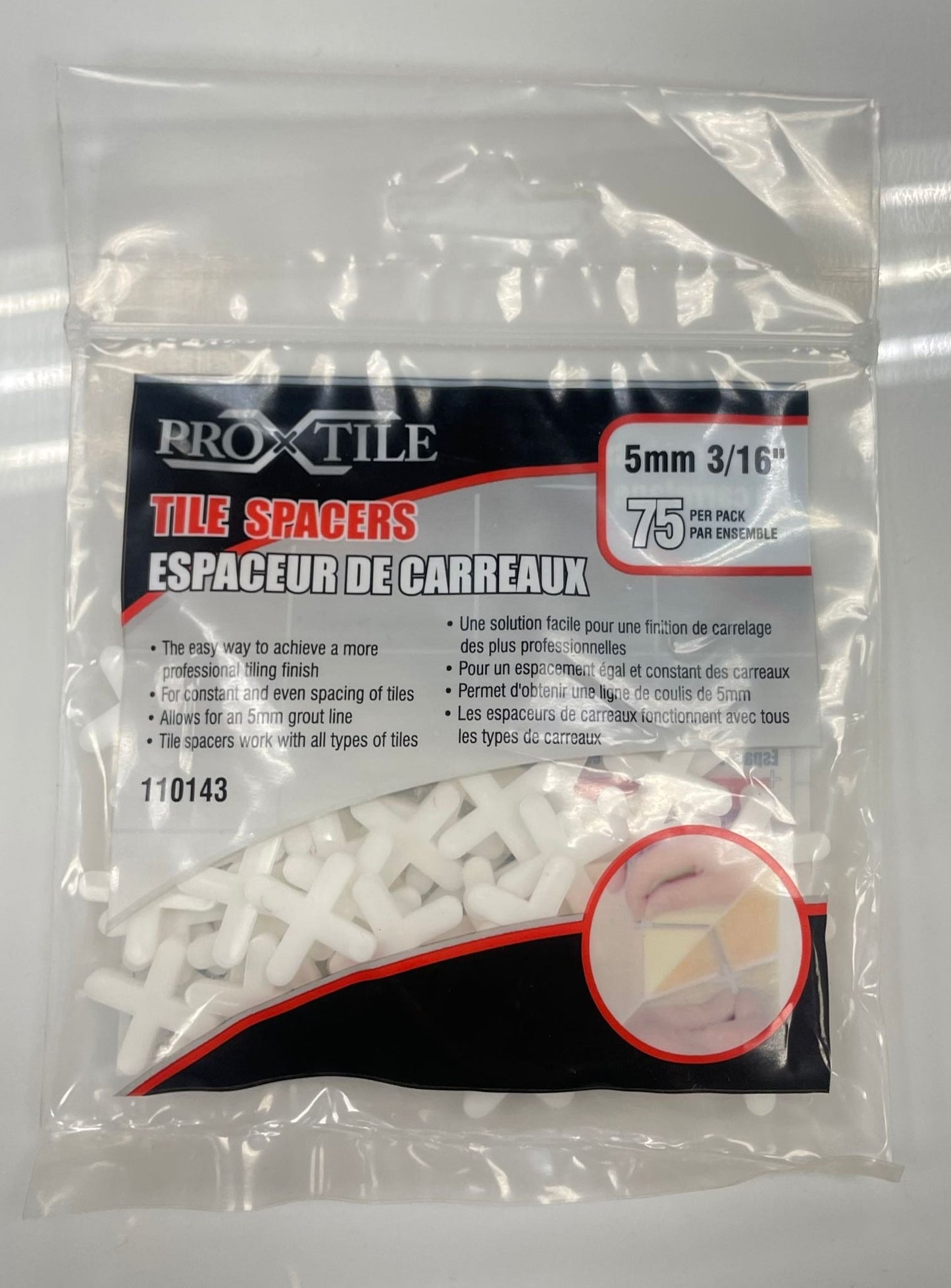 Tile cross spacers with a 5mm or 3/16" thickness for tile joint size.