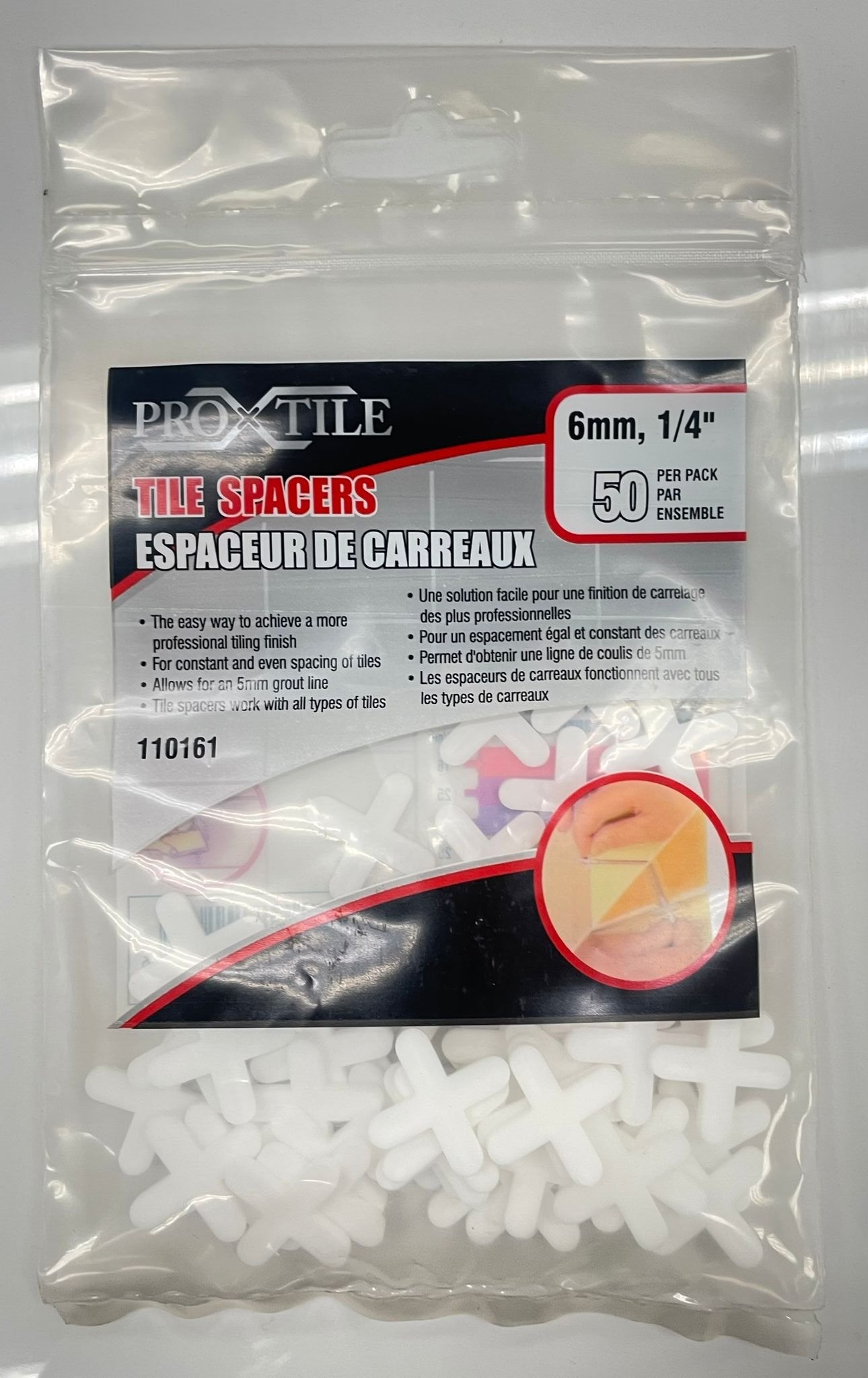 Tile cross spacers with a 6mm or 1/4" thickness for tile joint size.