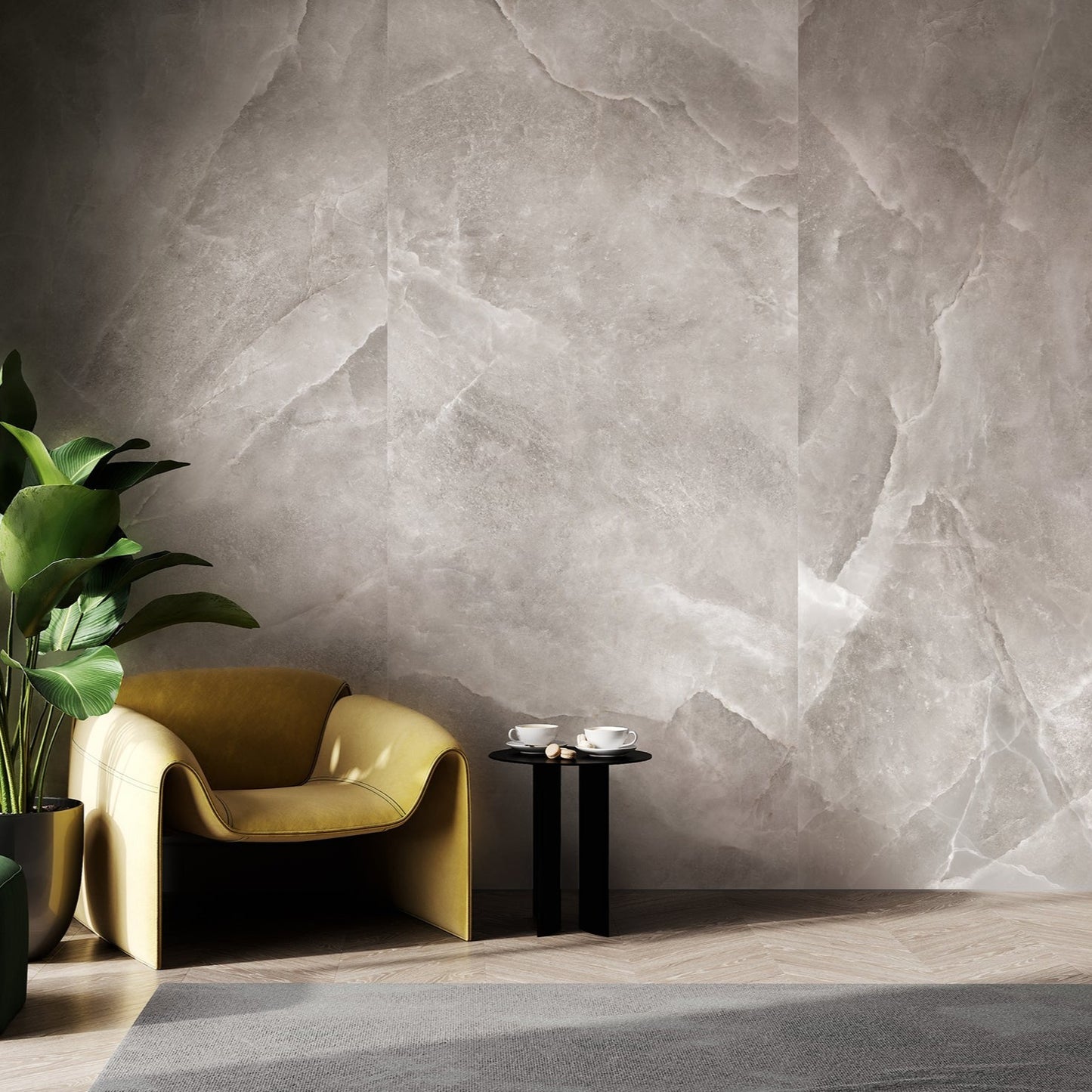 Spark Warm matte porcelain tile with a beige stone design, for floors and walls. Made in Italy, installed in a room.
