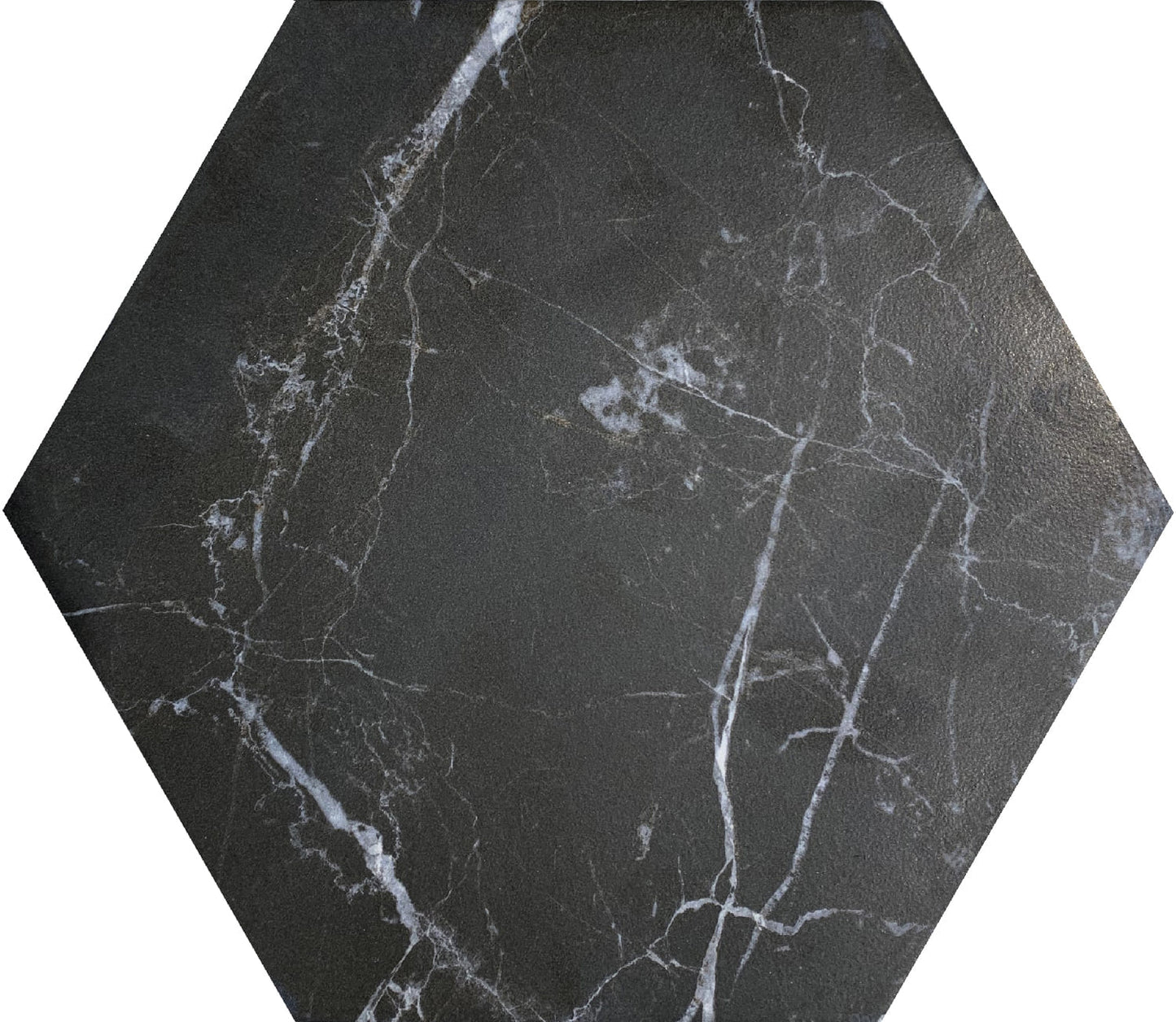 Marquina Black hexagon matte porcelain tile for floors and walls. Made in Spain, in a 8" hexagon size.