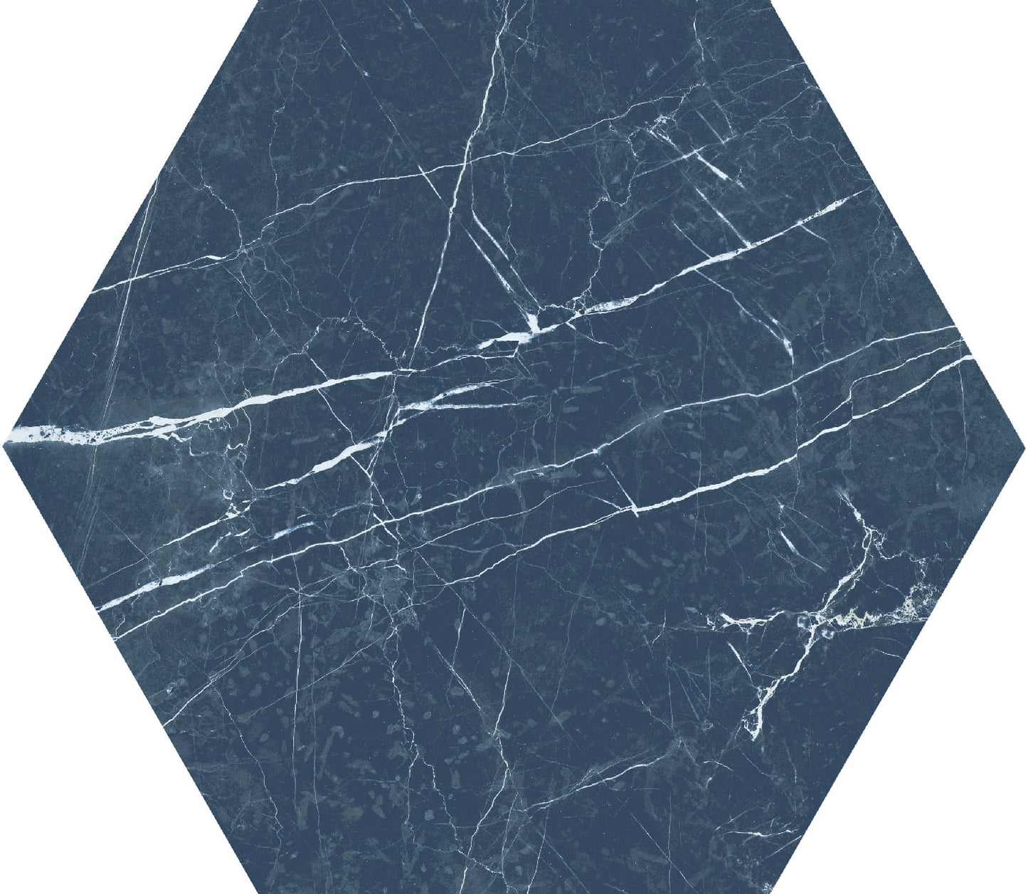 Marquina Blue hexagon matte porcelain tile for floors and walls. Made in Spain, in a 8" hexagon size.