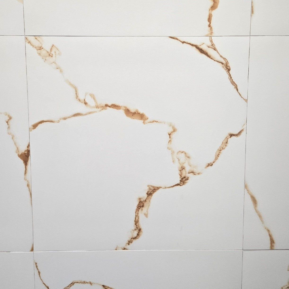 Statuario Golden matte porcelain tile with a white and gold marble design, for floors and walls. In a 24x24" size.