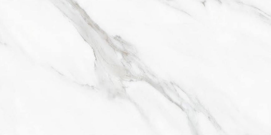 Statuario Pearl polished porcelain tile with a white marble design, for floors and walls. In a 12x24" size.