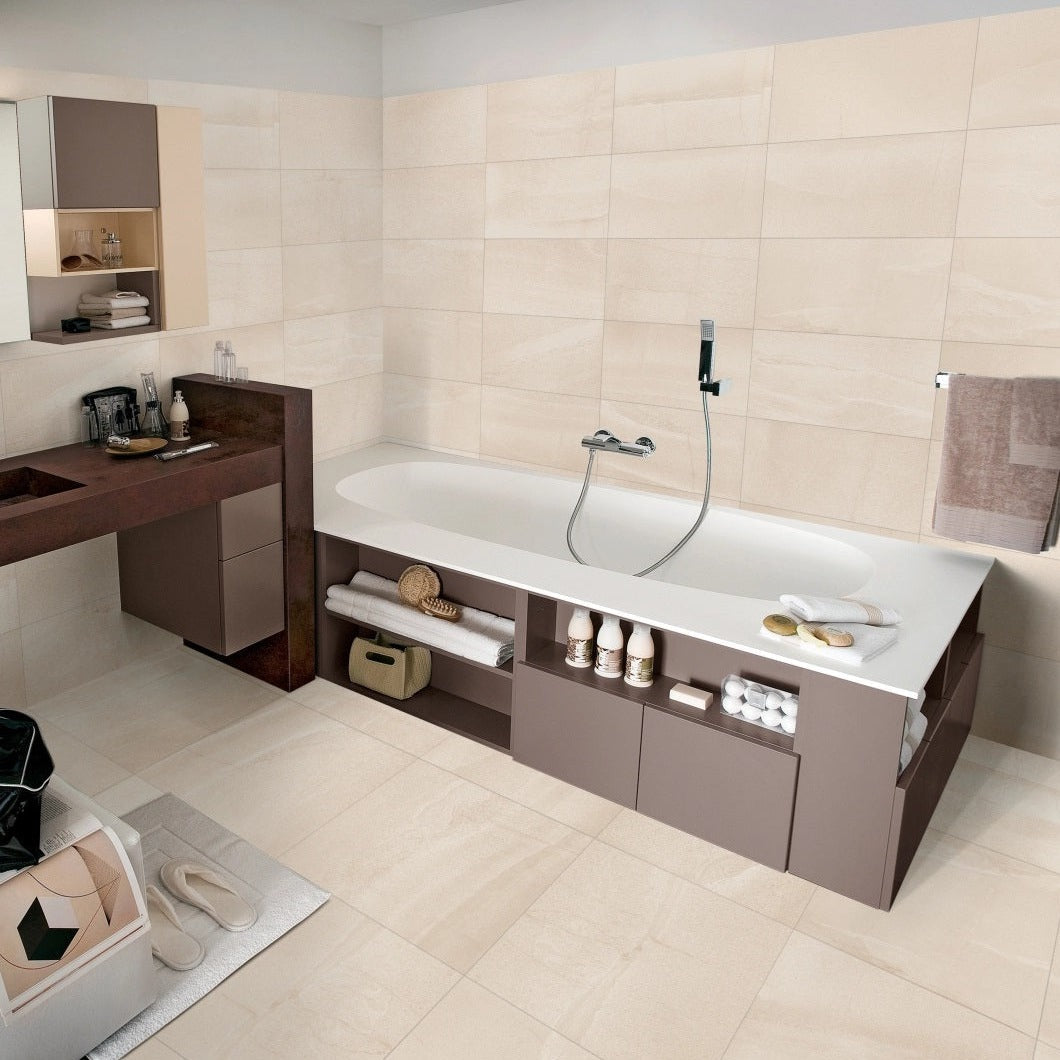 Stone Collection Beige stone look matte porcelain tile for floor and wall made in Italy. Installed in room.