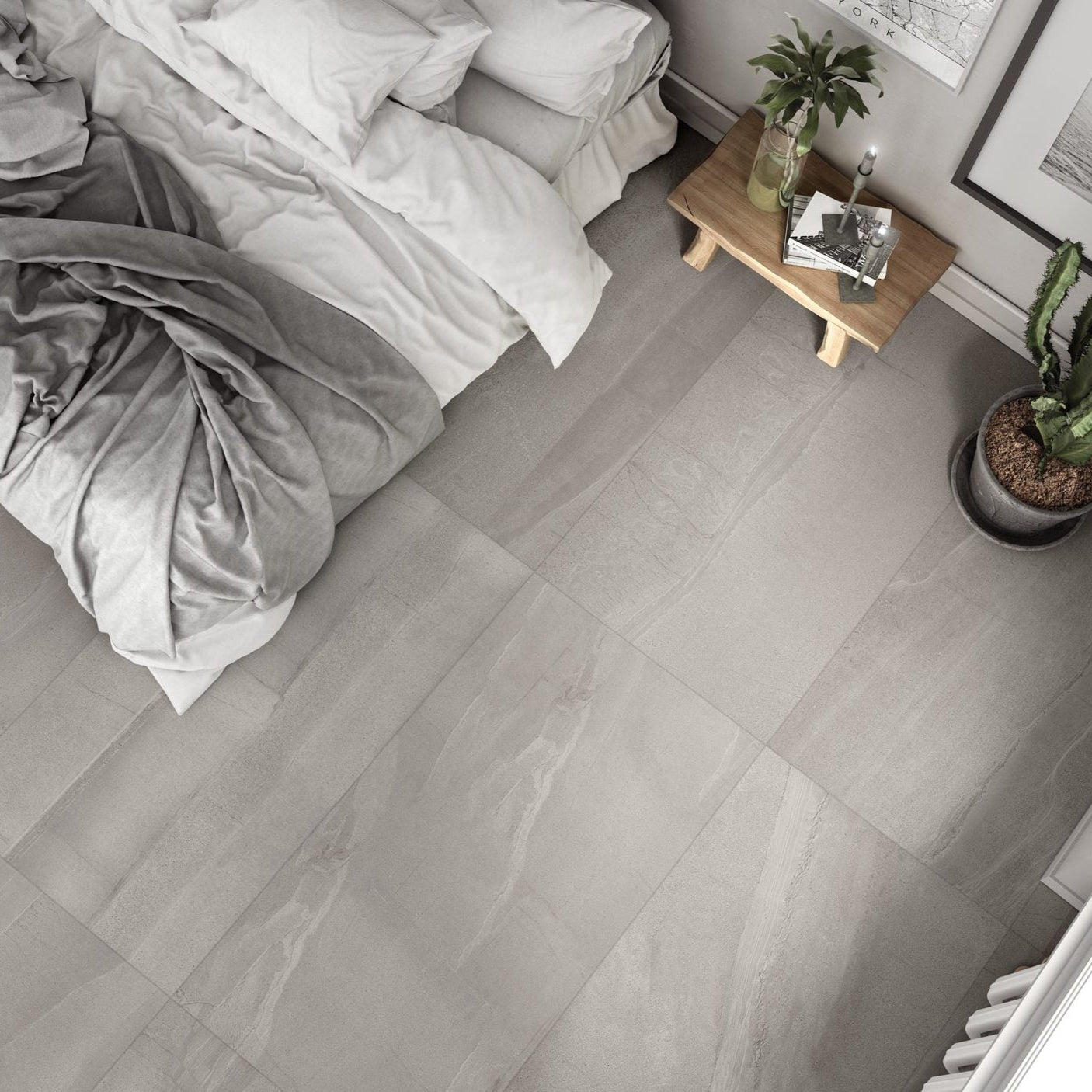 Stone Collection Light Grey stone look matte porcelain tile for floor and wall made in Italy. Installed in room.